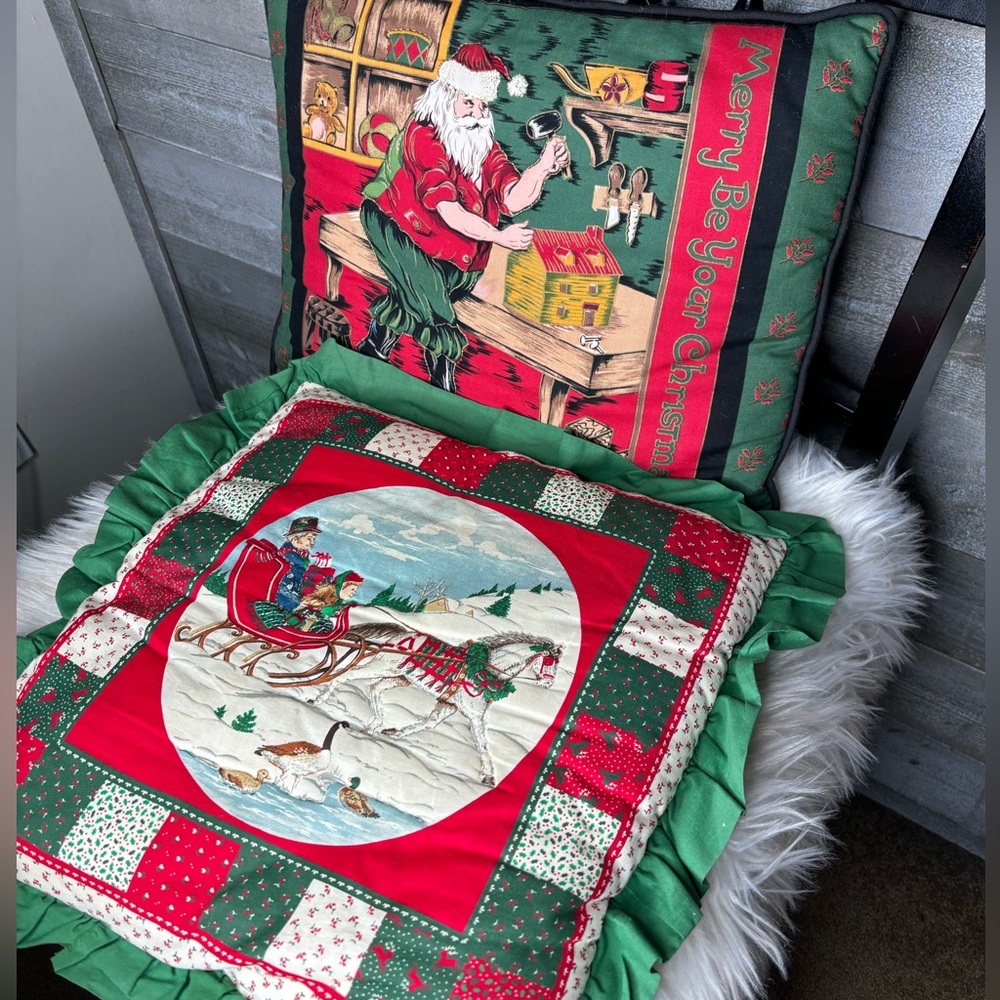 Set of 2 handmade vintage Christmas holiday pillows reversible